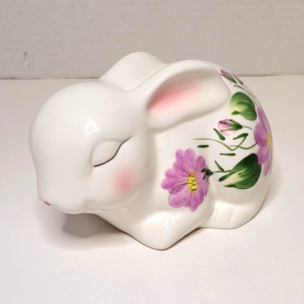 Bunny Rabbit with Handpainted Purple Flowers Vintage Ceramic Excellent